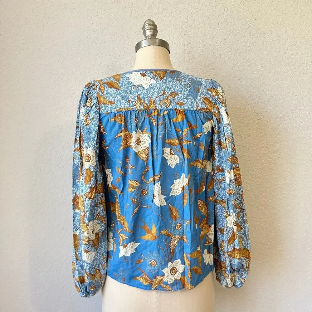 ULLA JOHNSON Joanie Blouse Lapis Blue Floral Puff Long Sleeve Boho